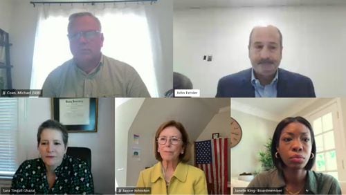 The Georgia State Election Board voted 3-2 during an online meeting on Monday, Aug. 19, 2024, to approve a new rule creating additional steps before election results are certified. Clockwise from top-left: State Election Board Executive Director Mike Coan, Chairman John Fervier, member Sara Tindall Ghazal, member Janice Johnston and member Janelle King.