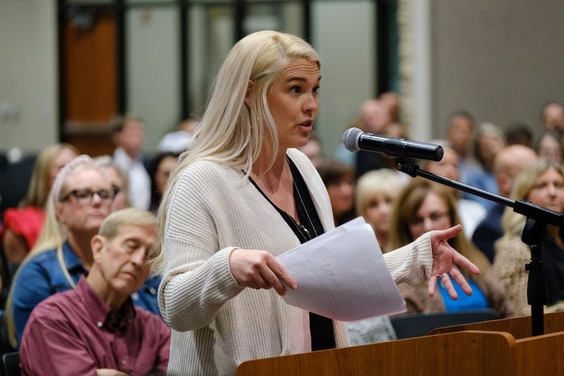 Jessica Rhines advocates for removing books some deem objectionable from Cherokee County schools. Members of the public voiced their opinions at a Cherokee County school board meeting in Canton on April 21, 2022. (Arvin Temkar / arvin.temkar@ajc.com)