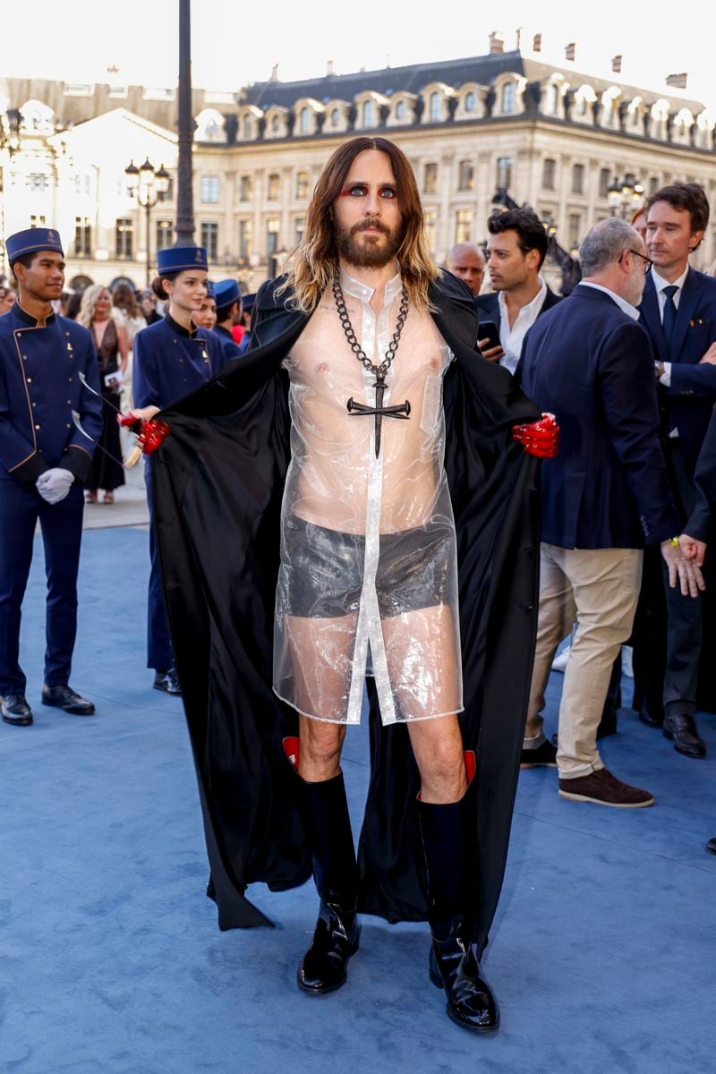 Jared Leto poses for photographers upon arrival at the Vogue World event on Sunday, June 23, 2024 in Paris. (Photo by Vianney Le Caer/Invision/AP)