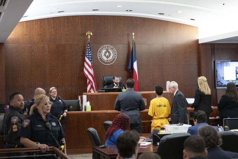 Franklin Peña, one of the two men accused of killing 12-year-old Jocelyn Nungaray, appears in court before Judge Josh Hill, Monday, June 24, 2024, in Houston. Peña was ordered held on $10 million bail as he and another man, Johan Jose Rangel-Martinez, are charged with capital murder over the girl's death. (Brett Coomer/Houston Chronicle via AP)