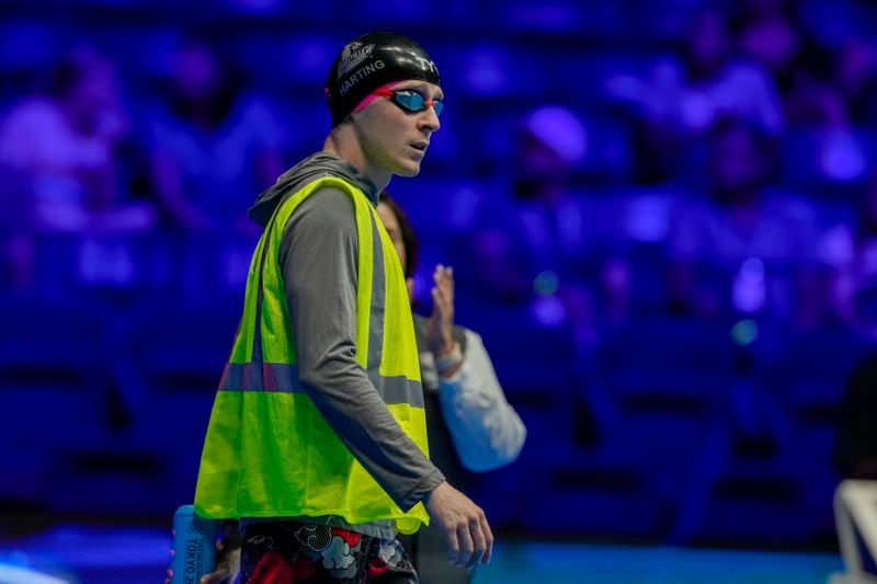 Zach Harting is introduced before a Men's 200 butterfly semifinals heat Tuesday, June 18, 2024, at the US Swimming Olympic Trials in Indianapolis. (AP Photo/Darron Cummings)