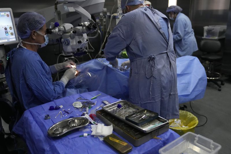 FILE - Elias Jaradeh, a legislator and an ophthalmologist, left, who has conducted dozens of operation for victims of this week's attack in Lebanon, makes an eye surgery operation for a man who was injured in the explosion of one of the handheld devices, at the Eye Specialist hospital, in Beirut, Lebanon, Friday, Sept. 20, 2024. (AP Photo/Hussein Malla, File)