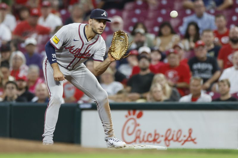 Atlanta Braves first baseman Matt Olson makes a play at first base to get Cincinnati Reds' Noelvi Marte out during the second inning of a baseball game Tuesday, Sept. 17, 2024, in Cincinnati. (AP Photo/Jay LaPrete)