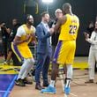 Los Angeles Lakers' Anthony Davis, left, jokes around as LeBron James participates in an interview during the NBA basketball team's media day in El Segundo, Calif., Monday, Sept. 30, 2024. (AP Photo/Jae C. Hong)