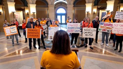 Miraya Gran speaks in the rotunda during an April 18 rally for IVF insurance coverage at the Minnesota State Capitol in St. Paul, Minn. (Carlos Gonzalez/Minneapolis Star Tribune/TNS)