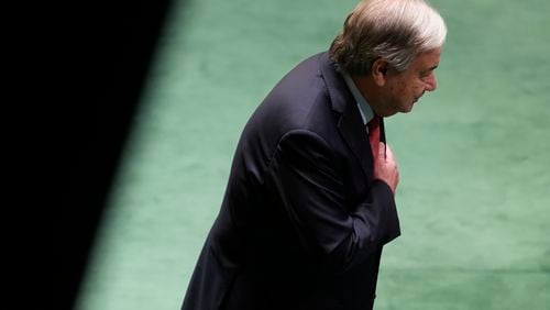 United Nations Secretary-General António Guterres puts his hand over his heart after speaking to the 79th session of the United Nations General Assembly at United Nations headquarters, Tuesday, Sept. 24, 2024. (AP Photo/Seth Wenig)