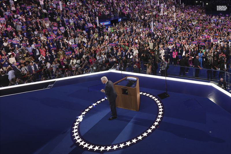 Former President Bill Clinton reacts after speaking on the third day of the Democratic National Convention in Chicago, Wednesday, Aug. 21, 2024. (Mike Segar/Pool via AP)