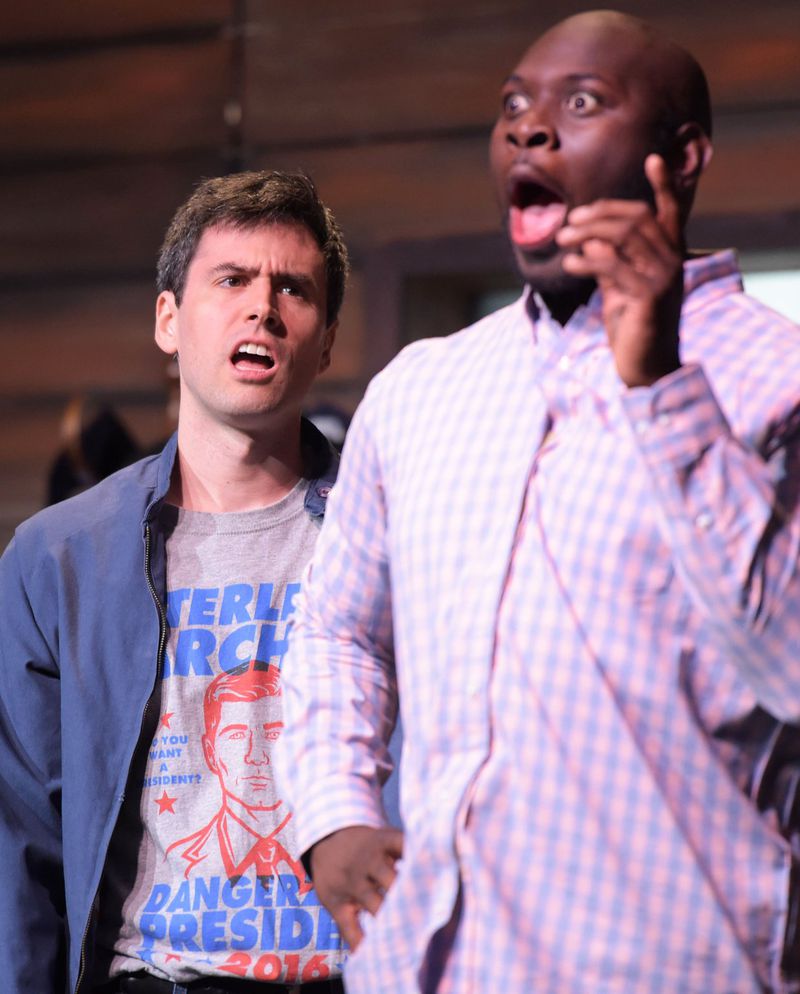 Jon Wierenga (left) and Avery Sharpe in rehearsal for “Black Nerd” at Dad’s Garage Theater. Jenna Eason / Jenna.Eason@coxinc.com