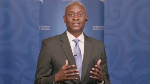 FILE - In this image taken from video, Atlanta Federal Reserve Bank President Raphael Bostic speaks from Atlanta during a webinar sponsored by the 12 regional Fed banks to address the lack of racial disparity in the field of economics, April 13, 2021. (AP Photo/File)