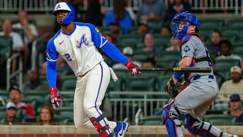 Atlanta Braves' Jorge Soler hits a double to left field in the sixth inning of a baseball game against the Los Angeles Dodgers, Saturday, Sept. 14, 2024, in Atlanta. (AP Photo/Jason Allen)