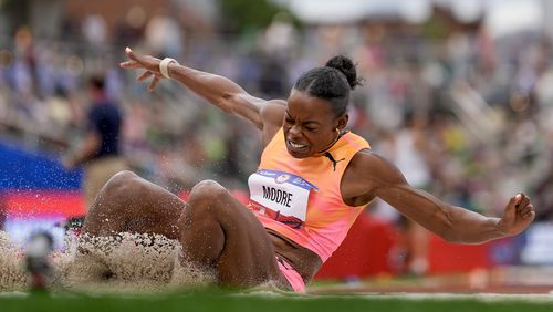 FILE - Jasmine Moore competes in the women's long jump final during the U.S. Track and Field Olympic Team Trials, Saturday, June 29, 2024, in Eugene, Ore. (AP Photo/George Walker IV, File)