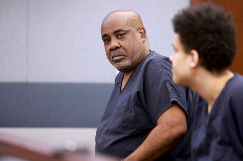 Duane "Keffe D" Davis, who is accused of orchestrating the 1996 slaying of hip-hop icon Tupac Shakur, center, waits to appear in court at the Regional Justice Center in Las Vegas, Tuesday, June 25, 2024. (K.M. Cannon/Las Vegas Review-Journal via AP, Pool)