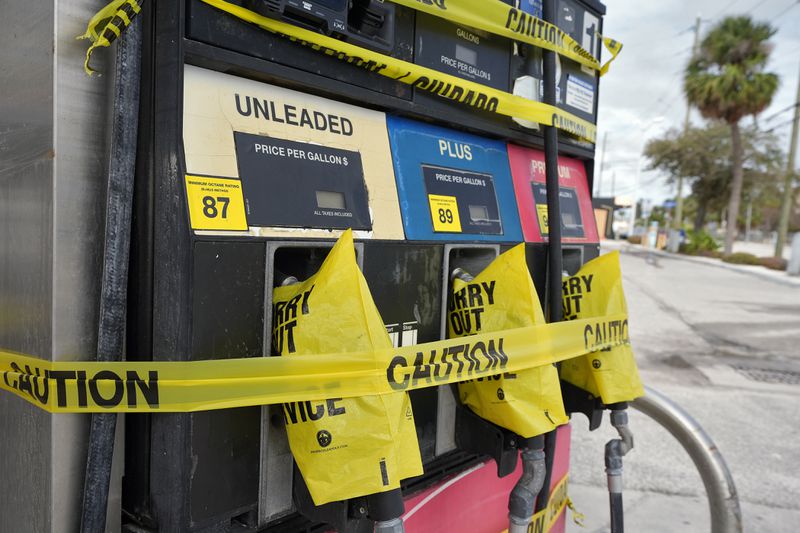 Gas pumps are covered at a station Monday, Oct. 7, 2024, in Clearwater Beach, Fla., ahead of the possible arrival of Hurricane Milton. (AP Photo/Chris O'Meara)