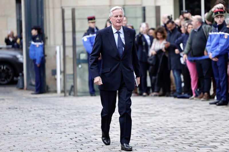 New French prime minister Michel Barnier, arrives for the handover ceremony, Thursday, Sept. 5, 2024 in Paris. President Emmanuel Macron has named EU's Brexit negotiator Michel Barnier as France's new prime minister after more than 50 days of caretaker government. (Stephane de Sakutin, Pool Photo via AP)