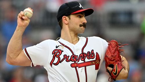 Atlanta Braves' starting pitcher Spencer Strider  throws a pitch during the first inning at Truist Park, Wednesday, Sept. 6, 2023, in Atlanta. (Hyosub Shin / Hyosub.Shin@ajc.com)