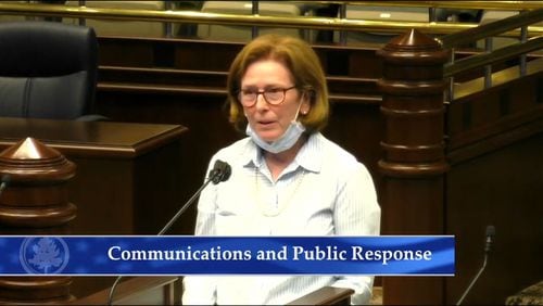 Janice Johnston, a retired obstetrician, speaks to the Fulton County Elections Board on Aug. 12. The Georgia Republican Party nominated Johnston to the State Election Board on Monday.