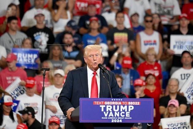 Former President Donald Trump speaks during a rally at the Georgia State University’s convocation center on Saturday, August 3, 2024 in Atlanta. Former President Donald Trump and Vice-Presidential candidate JD Vance are holding their first rally together in Georgia on Saturday at the same place – the GSU Convocation Center- Kamala Harris held hers earlier this week.  (Hyosub Shin / AJC)