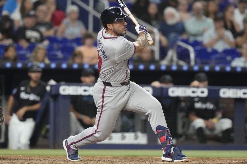 Atlanta Braves' Ramón Laureano (18) hits a home run during the sixth inning of a baseball game against the Miami Marlins, Friday, Sept. 20, 2024, in Miami. (AP Photo/Marta Lavandier)