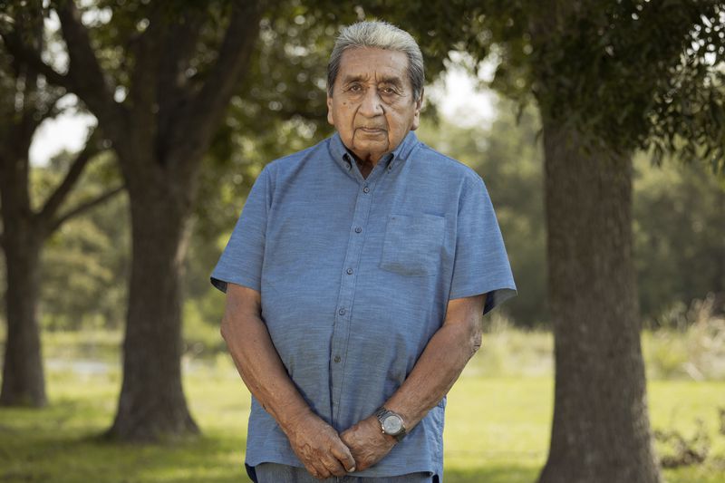 George Thompson, who is the Mekko, a ceremonial leader, of Hickory Ground in the Muscogee Nation poses for a photo, Aug. 21, 2024, in Okmulgee, Okla. (AP Photo/Brittany Bendabout)