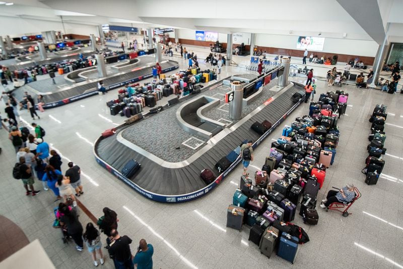 Large number of luggages are seen at the baggage claim area in the south terminal in Hartsfield-Jackson Atlanta International Airport in Atlanta on Sunday, July 21, 2024.  (Ziyu Julian Zhu / AJC)