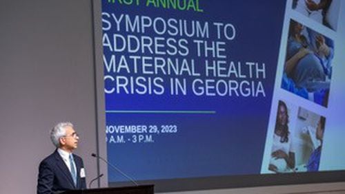 Dr. Ravi Thadhani, executive vice president for health affairs at Emory University, speaks at a 2023 conference on maternal mortality at Emory. (Courtesy of Emory University)