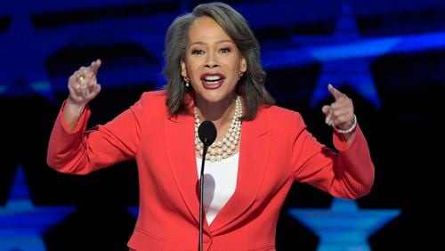 FILE - Rep. Lisa Blunt Rochester, D-Del., speaks during the Democratic National Convention, Aug. 21, 2024, in Chicago. (AP Photo/J. Scott Applewhite, File)