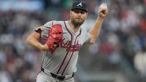 Atlanta Braves pitcher Chris Sale works against the San Francisco Giants during the first inning of a baseball game in San Francisco, Monday, Aug. 12, 2024. (AP Photo/Jeff Chiu)