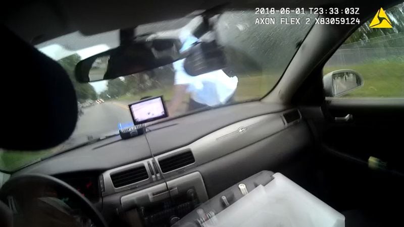This still image is from a dashcam video provided by the Athens-Clarke County Police Department, showing when an officer’s vehicle and suspect collided on Friday afternoon.