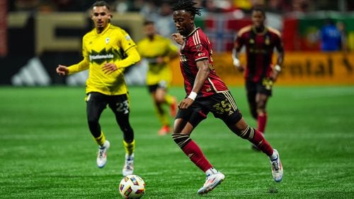 Atlanta United defender Ajani Fortune #35 dribbles during the first half of the match against the Columbus Crew at Mercedes-Benz Stadium in Atlanta, GA on Saturday July 20, 2024. (Photo by  Madelaina Polk/Atlanta United)