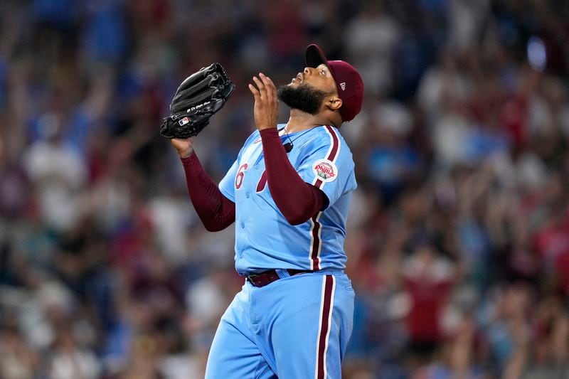 Philadelphia Phillies pitcher José Alvarado reacts after the Phillies won a baseball game against the Los Angeles Dodgers, Thursday, July 11, 2024, in Philadelphia. (AP Photo/Matt Slocum)