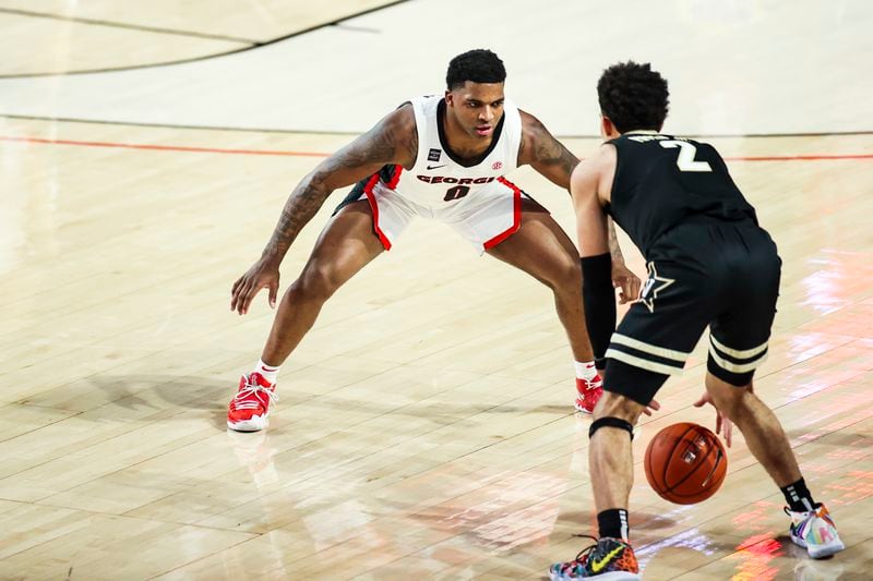 Georgia guard K.D. Johnson (0) during a game against Vanderbilt Saturday, Feb. 6, 2021, at Stegeman Coliseum in Athens. (Tony Walsh/UGA Sports)