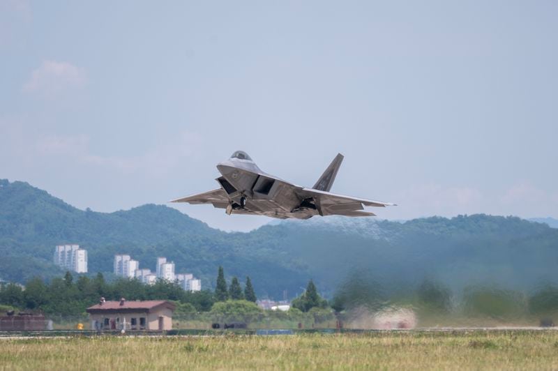In this photo provided by the South Korea Defense Ministry, the U.S. Air Force's F-22 fighter jet takes off during a combined air force exercise between the United States and South Korea at Chungju Air Base in Chungju, South Korea, Wednesday, June 26, 2024. (South Korea Defense Ministry via AP)