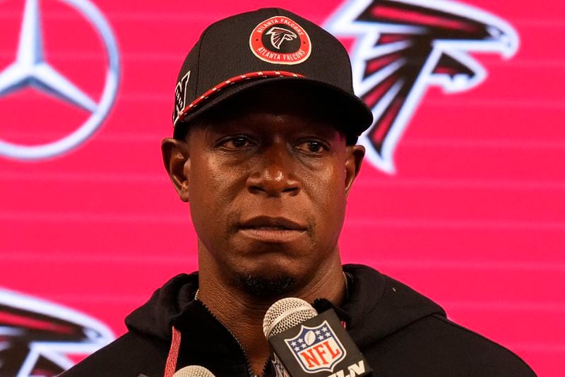 Atlanta Falcons head coach Raheem Morris speaks during a news conference after an NFL football game against the Kansas City Chiefs, Sunday, Sept. 22, 2024, in Atlanta. The Kansas City Chiefs 22-17. (AP Photo/Brynn Anderson)