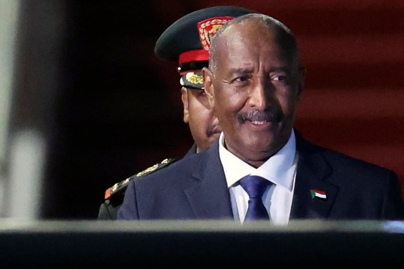 Sudan's army chief Abdel Fattah al-Burhan arrives at Beijing Capital International Airport in Beijing, China, Tuesday, Sept. 3, 2024. (Florence Lo/Pool Photo via AP)