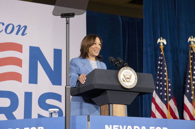 Vice President Kamala Harris takes the stage prior to speaking at a post debate campaign rally, Friday, June 28, 2024, in Las Vegas. (AP Photo/Ronda Churchill)