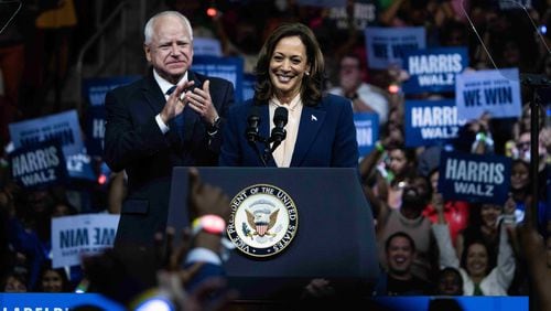 Vice President Kamala Harris, Democratic nominee for president, and her running mate Minnesota Gov. Tim Walz, conduct a rally to kick off their campaign at the Liacouras Center in Philadelphia, on Tuesday, Aug. 6, 2024. (Tom Williams/CQ Roll Call via Zuma Press/TNS)