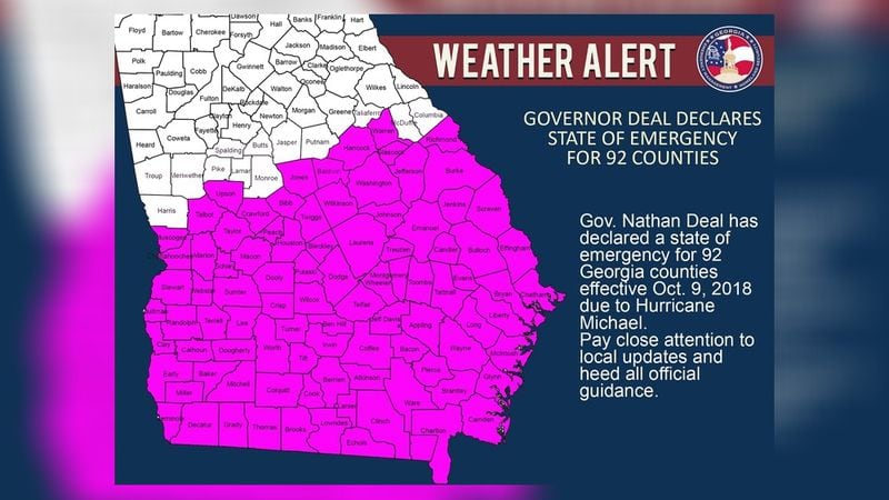 A map shows the areas under a state of emergency in advance of Hurricane Michael. (Credit: Georgia Emergency Management Agency)