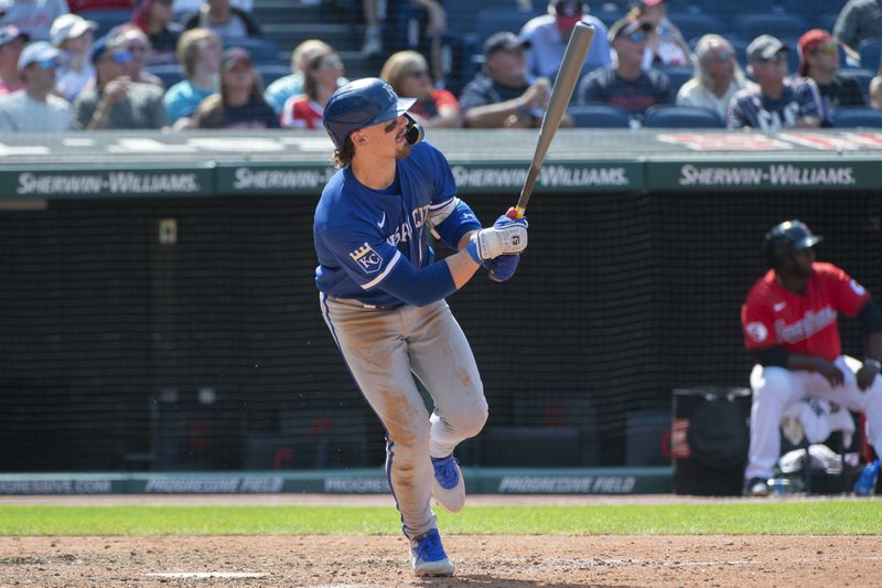 Kansas City Royals' Bobby Witt Jr. watches his solo home run off Cleveland Guardians relief pitcher Hunter Gaddis during the eighth inning of the first game of a baseball doubleheader in Cleveland, Monday, Aug. 26, 2024. (AP Photo/Phil Long)