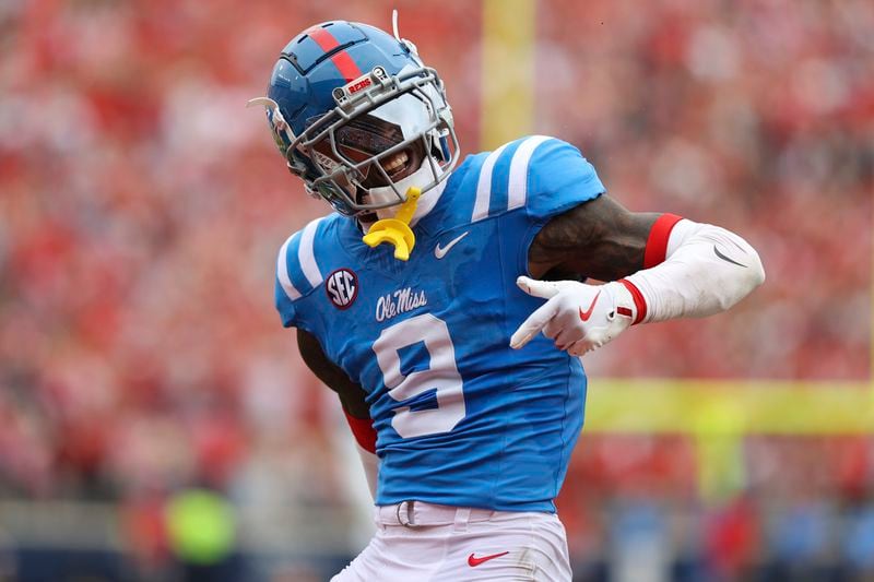 Mississippi cornerback Trey Amos (9) reacts during the first half of an NCAA college football game against Kentucky Saturday, Sept. 28, 2024, in Oxford, Miss. (AP Photo/Randy J. Williams)