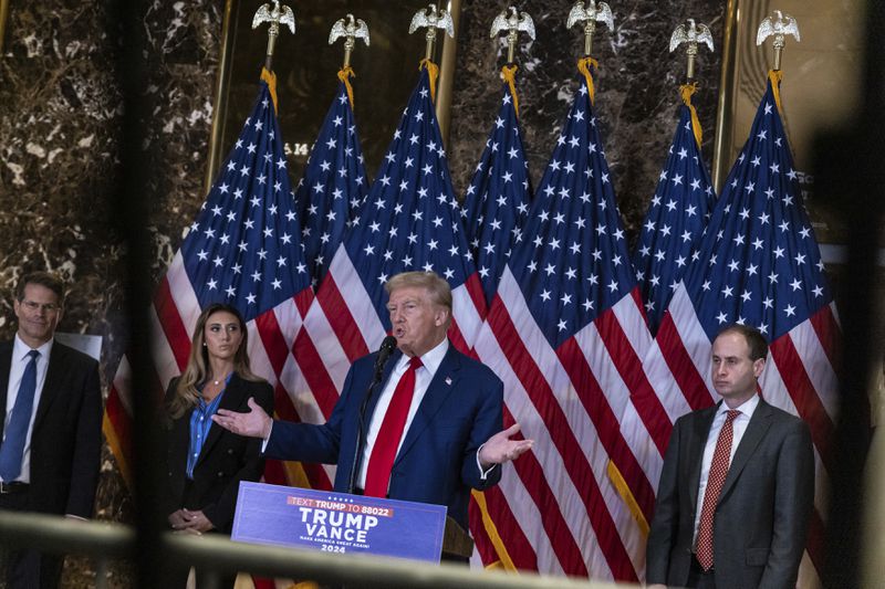 Republican presidential nominee former President Donald Trump speaks during a news conference held at Trump Tower, Friday, Sept., 6, 2024 in New York. (AP Photo/Stefan Jeremiah)