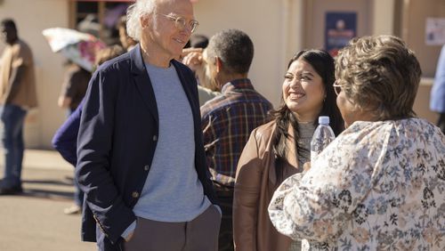 Ellia English, Larry David and Keyla Monterroso Mejia in a scene fictionally shot in Georgia during the 12th season debut of "Curb Your Enthusiasm" on HBO.  

Photograph by John Johnson/HBO