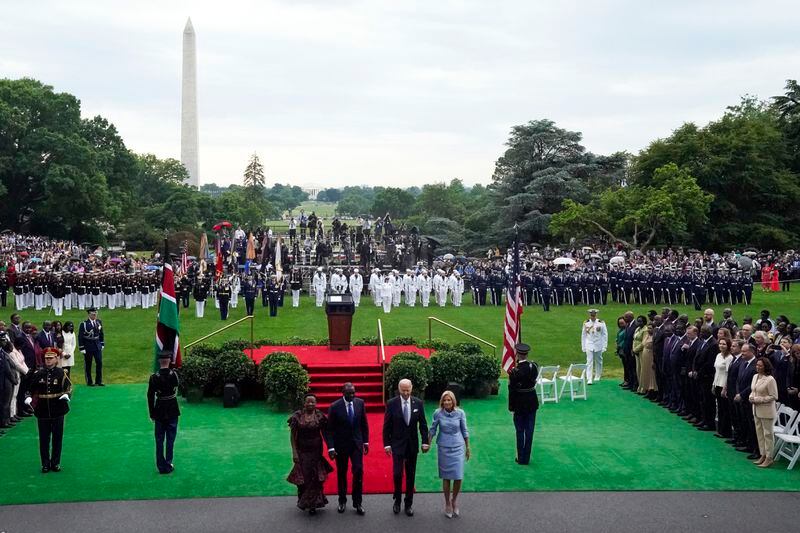 President Joe Biden, first lady Jill Biden, Kenya's President William Ruto and his wife first lady Rachel Ruto participate in a State Arrival Ceremony on the South Lawn of the White House Thursday, May 23, 2024, in Washington. (AP Photo/Evan Vucci)