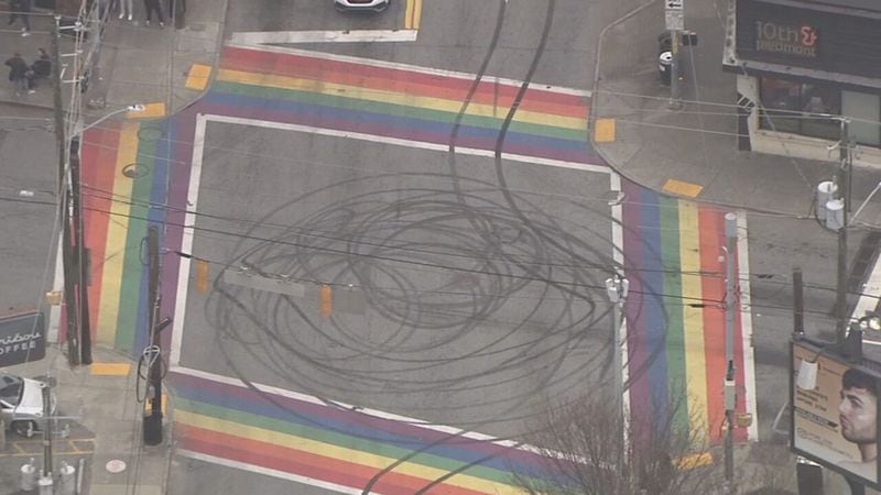 Street racers vandalized the rainbow crosswalk for second weekend in a row in February, 2022.