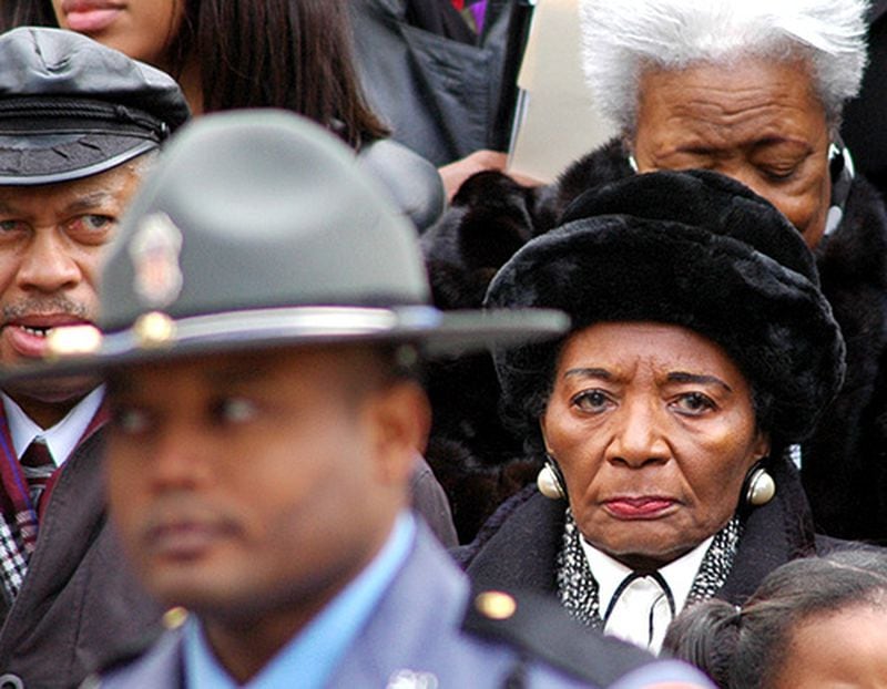 February 2006: Christine King Ferris watches as the casket arrives at the State Capitol during funeral services for Coretta Scott King.