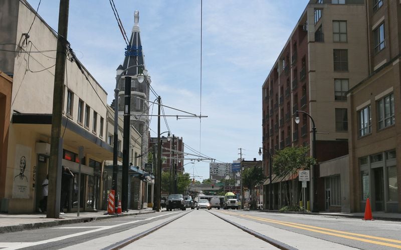 Looking down the streetcar tracks on Auburn Avenue toward Big Bethel AME Church. BOB ANDRES / BANDRES@AJC.COM