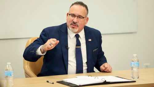 In Atlanta last week, U.S. Secretary of Education Miguel Cardona told Atlanta Journal-Constitution editors and writers that vouchers for private schools are a threat to public education. (Jason Getz / Jason.Getz@ajc.com)