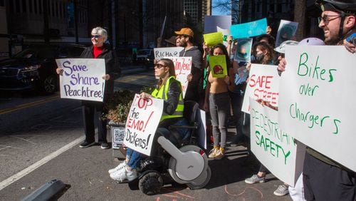 Advocates protest the removal of 'shared streets' along Peachtree St NE in Atlanta Monday, March 14, 2022.  STEVE SCHAEFER FOR THE ATLANTA JOURNAL-CONSTITUTION