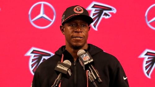 Atlanta Falcons head coach Raheem Morris speaks during a news conference after an NFL football game against the Kansas City Chiefs, Sunday, Sept. 22, 2024, in Atlanta. The Kansas City Chiefs 22-17. (AP Photo/Brynn Anderson)