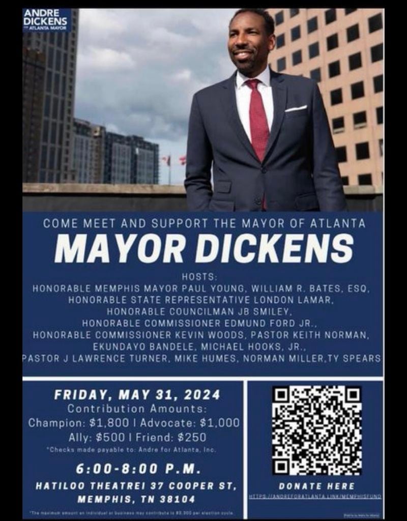 A flyer advertising Mayor Andre Dickens Memphis fund raiser