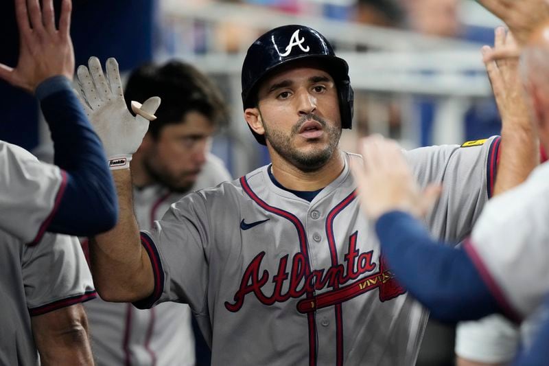 Atlanta Braves' Ramón Laureano celebrates a home run during the sixth inning of a baseball game against the Miami Marlins, Friday, Sept. 20, 2024, in Miami. (AP Photo/Marta Lavandier)